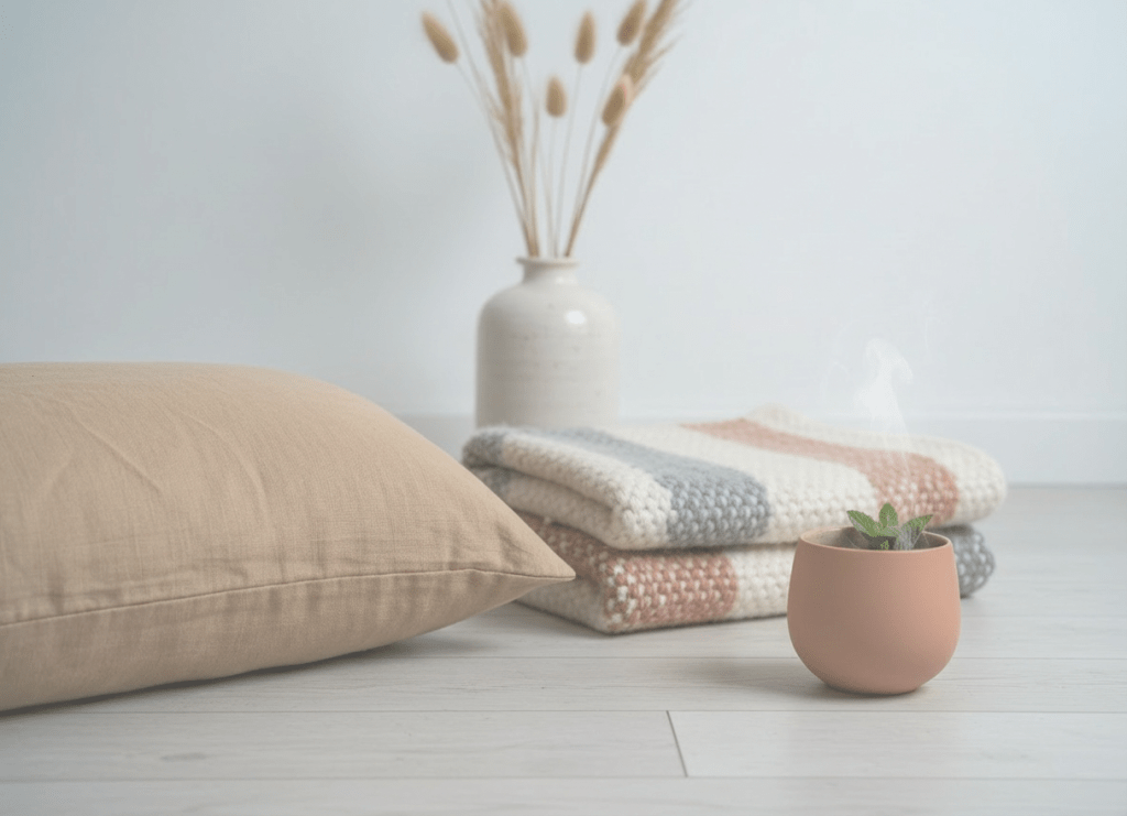 wellness retreats A close-up of a soft, sand-colored linen bolster resting on a pale wooden floor, with a handwoven wool blanket neatly folded beside it and a smooth, matte clay cup of herbal tea steaming gently nearby. In the background, slightly out of focus, a large ceramic vase holds a few simple dried grasses against a white plaster wall. Natural overcast window light bathes the scene in a cool, diffused glow, eliminating harsh shadows and enhancing textures. Photographic realism, shot at a low, side-on angle with shallow depth of field, creates an intimate, nurturing mood that suggests restorative rest, breathwork, and gentle inner work.