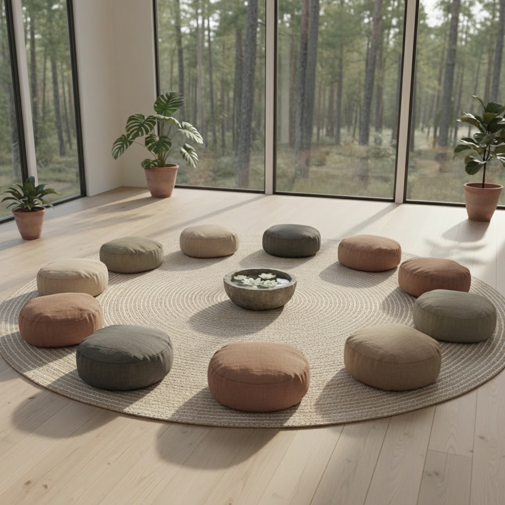 wellness retreats A minimalist retreat space featuring a circle of textured, earth-toned meditation cushions arranged on a pale woven jute rug over smooth, light-wood flooring. In the center rests a low stone bowl filled with water and floating white petals. The surrounding space is airy and uncluttered, with potted green plants in clay pots along the perimeter and wide windows revealing an out-of-focus forest. Late afternoon golden light streams in, creating dappled patterns on the floor and cushions. Shot from a slightly elevated angle in photographic realism, the composition emphasizes circular harmony and spaciousness, evoking a calm, welcoming environment ideal for introspection and gentle movement.